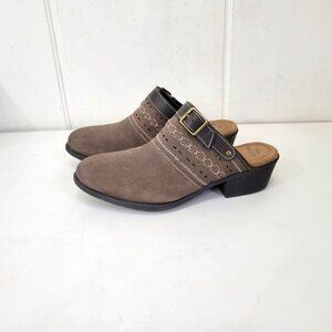 Earth Origins Brown Buckle Suede Clogs Women’s Size 10M With Embroidered Detaili
